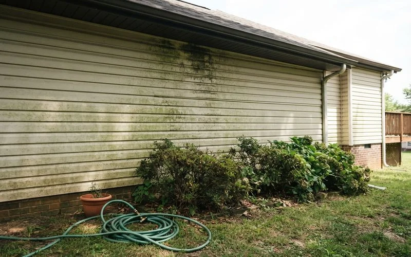Green algae and mildew growth on a shaded section of vinyl siding near a window
