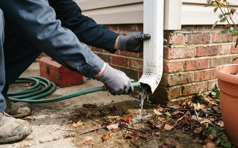 A technician clearing debris from a home's gutters and checking a downspout for proper drainage
