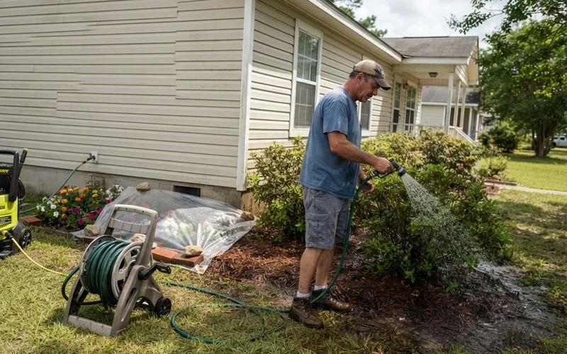 A row of potted plants and shrubs near a house being pre-wetted with plain water before a soft wash application