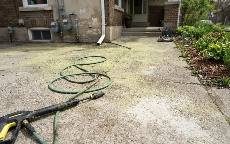 A homeowner's driveway and walkway covered in a fine layer of yellow-green pine pollen before spring cleaning